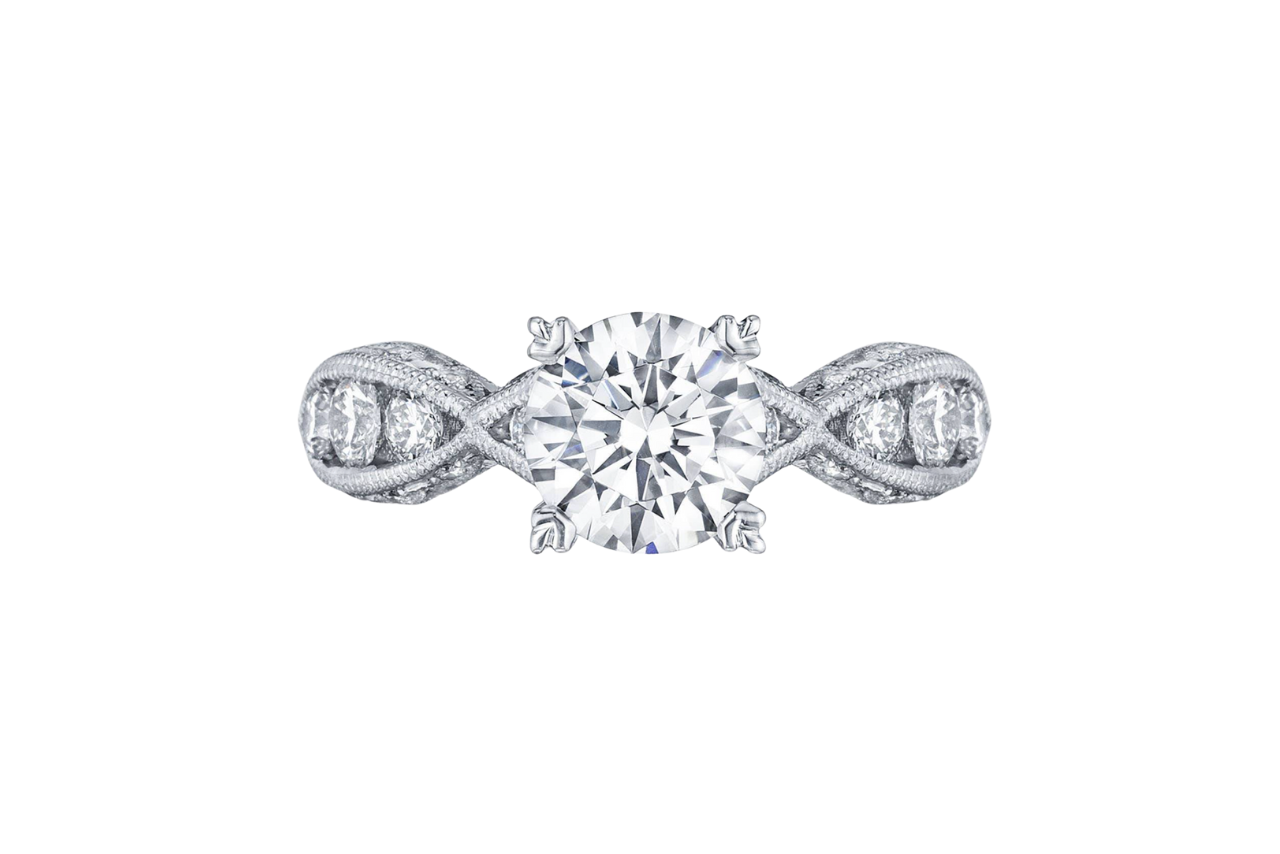 A close-up of the TACORI Engagement Ring in white gold.