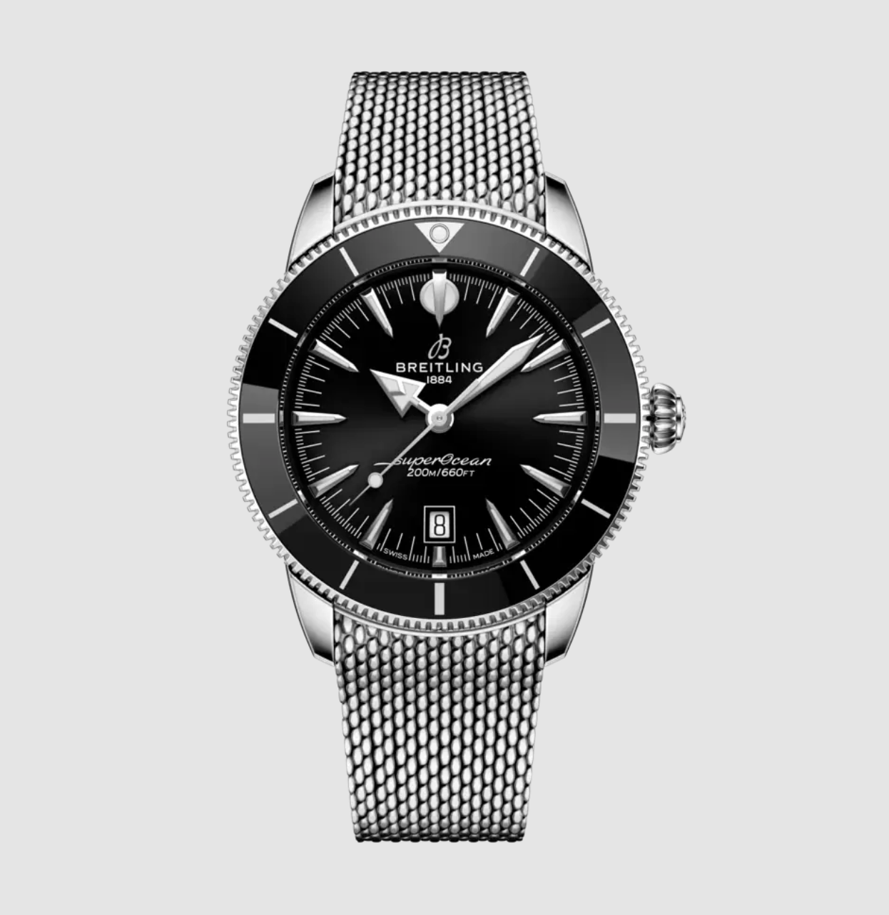 A close up of Breitling watch with black dial and metallic bracelet.