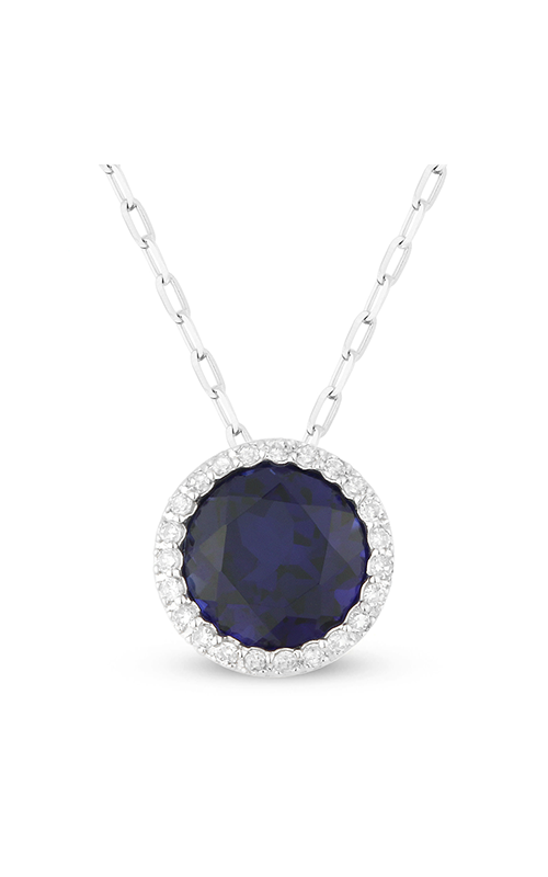 A white gold round blue sapphire halo pendant