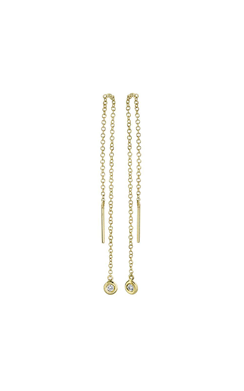 A yellow gold drop earrings with bezel set round diamonds.