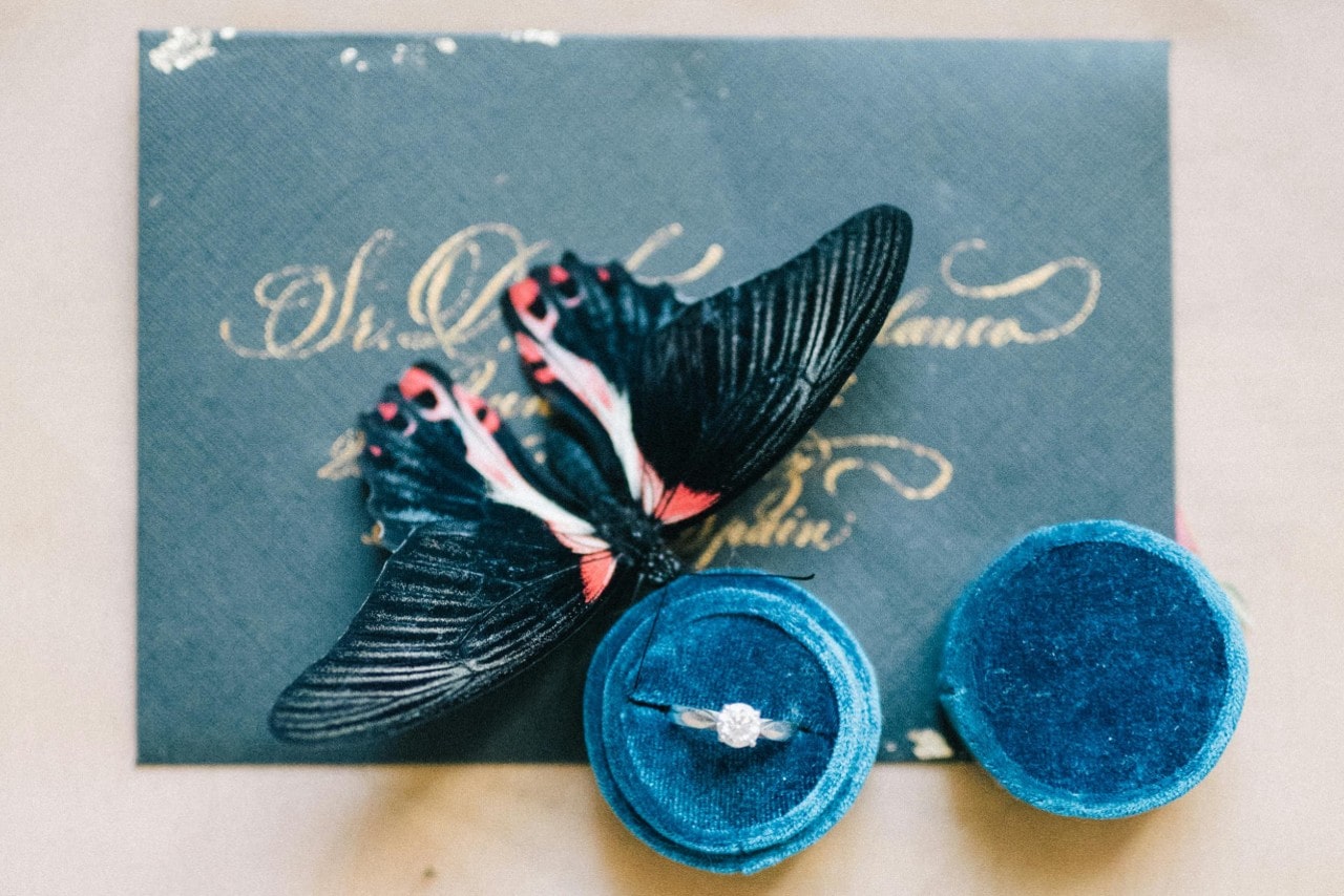 An engagement ring in a blue velvet box next to a butterfly on a wedding invitation.