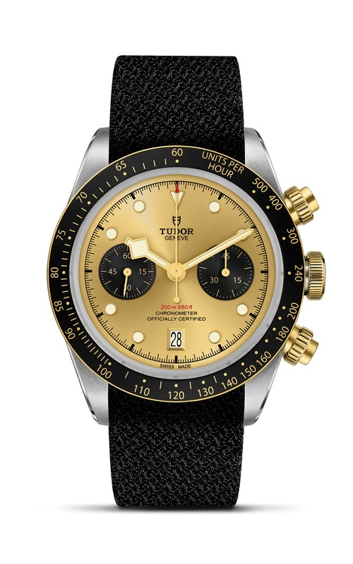A TUDOR watch with black fabric strap, stainless steel case and gold dial.