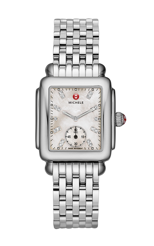 A Michele watch with stainless steel bracelet, white mother-of-pearl dial and diamond indexes.