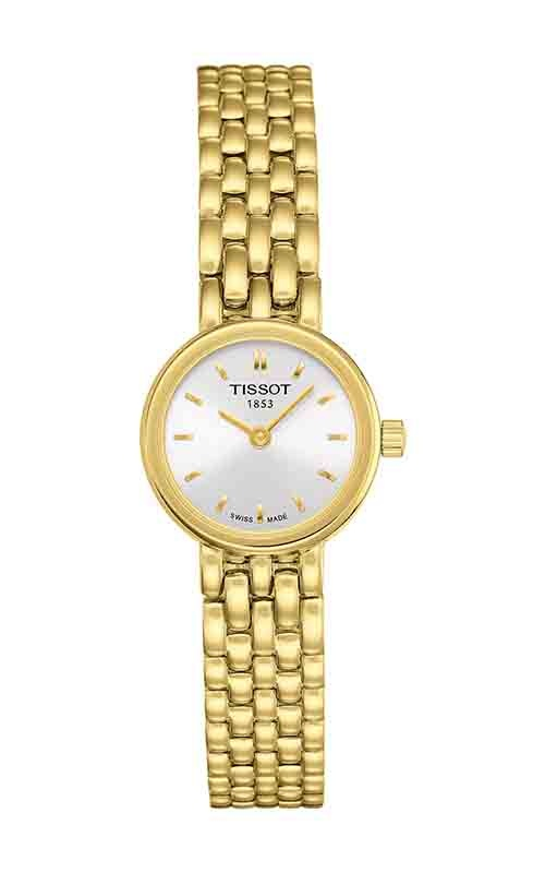 A Tissot watch with a yellow gold bracelet, round case and mother-of-pearl dial with gold indexes.