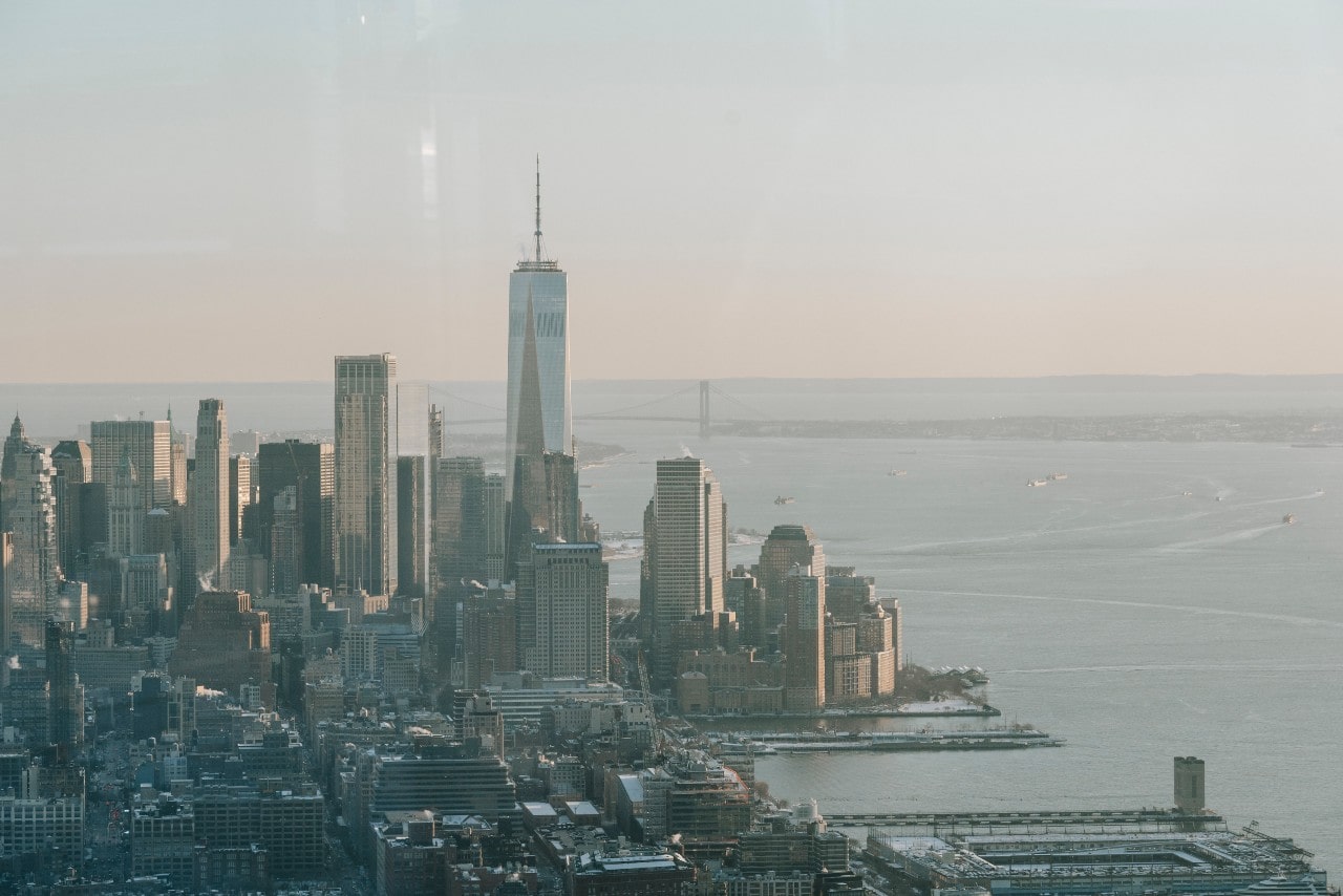 A view of New York City from the above, featuring various skyscrapers.