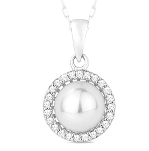 A pearl pendant with a diamond halo