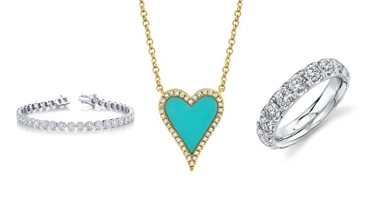 a tennis bracelet, heart pendant necklace, and wedding band by Shy Creation
