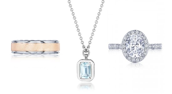 a mixed metal wedding band, topaz necklace, and engagement ring by Tacori