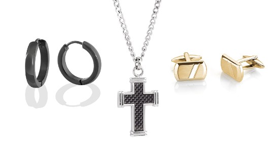 a pair of hoop earrings, a cross necklace, and a pair of gold cufflinks by Italgem Steel