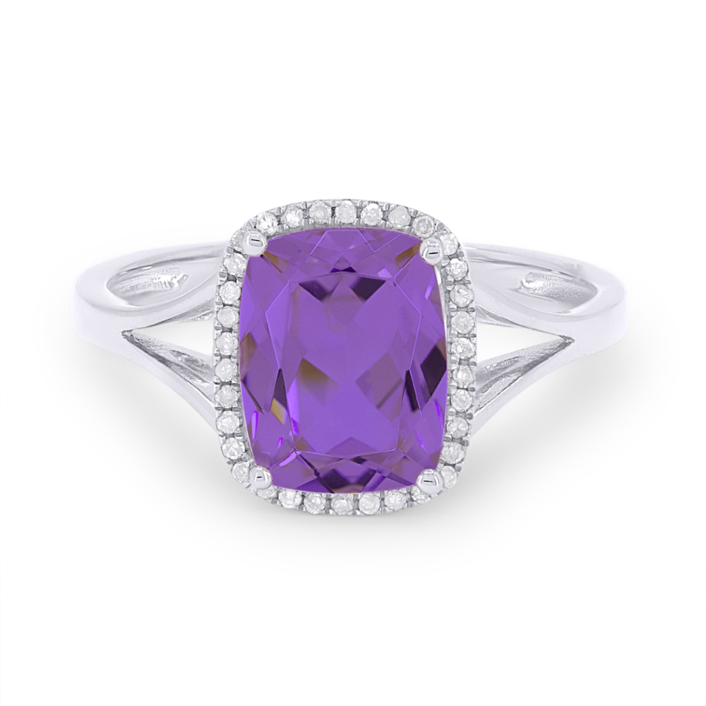 Glamorous white gold ring with a large cushion-cut purple gemstone