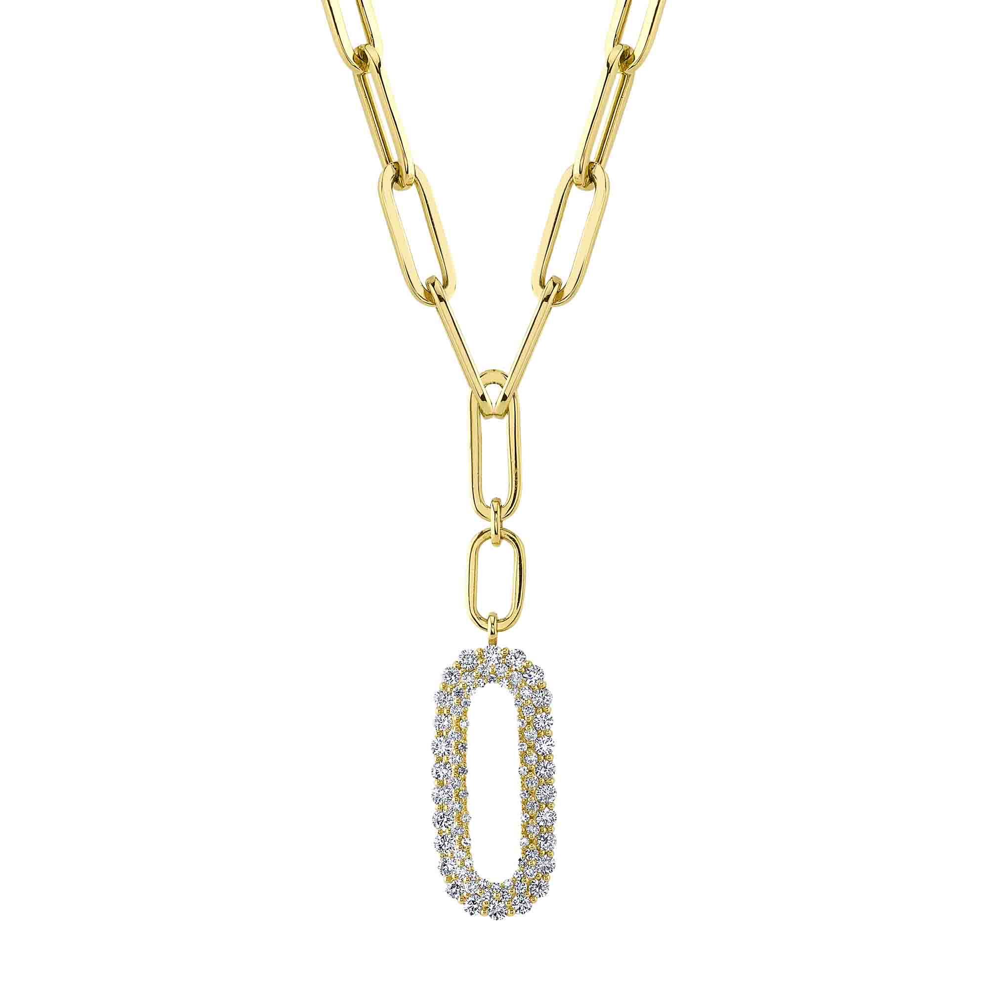 Stylish gold necklace with elongated links and an oval diamond pendant
