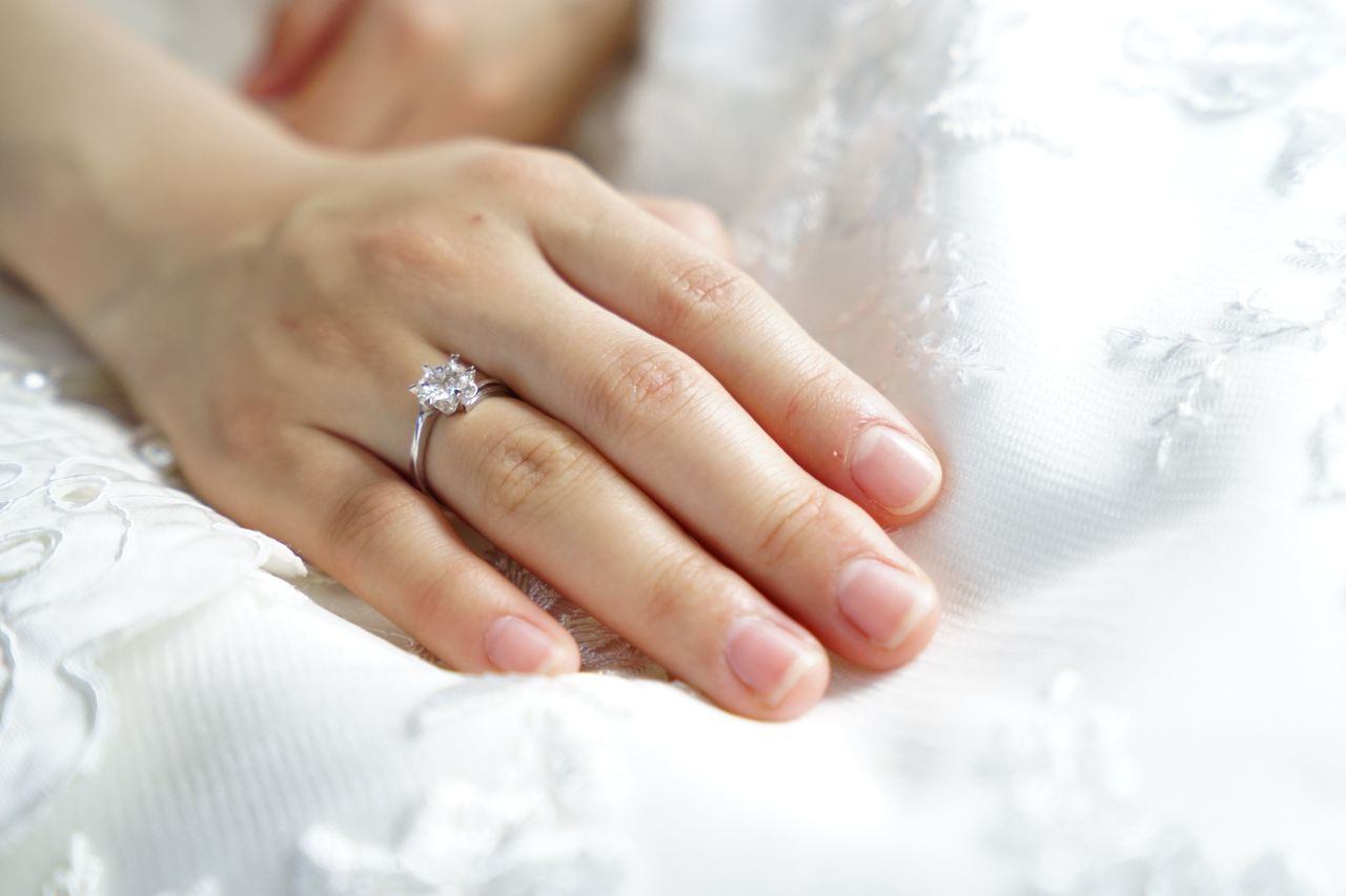 A hand adorned with a beautiful solitaire diamond ring rests gently on a white lace fabric.